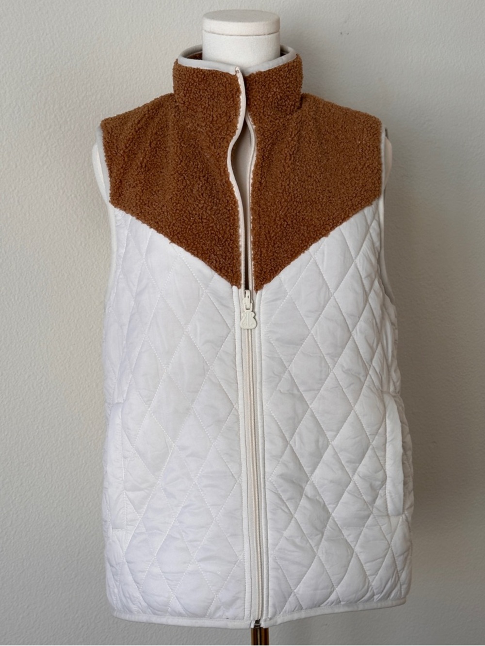 White Reversible Quilted Vest with Brown Sherpa Yoke - Women's Jacket